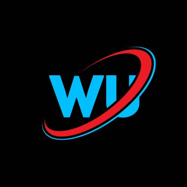 WU U mektup logosu tasarımı. İlk harf WU bağlı daire büyük harfli monogram logo kırmızı ve mavi. WU logosu, W U tasarımı. Wu, bekle.
