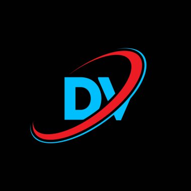 DV D harfi logo tasarımı. İlk harf DV bağlı daire büyük harfli monogram logo kırmızı ve mavi. DV logosu, D V tasarımı. dv, d v
