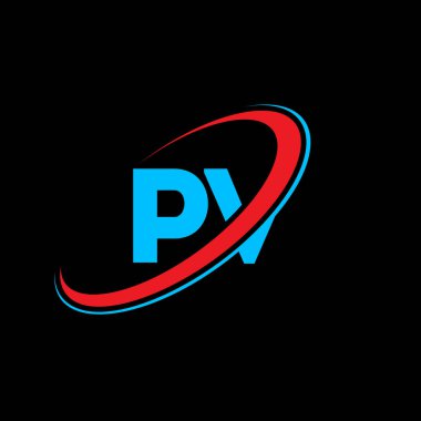 PVV P harfi logo tasarımı. İlk harf PV bağlı daire büyük harfli monogram logo kırmızı ve mavi. PV logosu, P V tasarımı. pv, p v