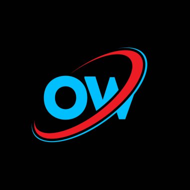 OW harf logosu tasarımı. İlk harf OW bağlı daire büyük harfli monogram logo kırmızı ve mavi. OW logosu, O W tasarımı. Of, of.