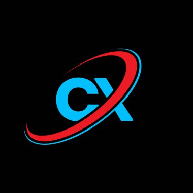 CX C X harfi logo tasarımı. İlk harf CX bağlı daire büyük harfli monogram logo kırmızı ve mavi. CX logosu, C X tasarımı. cx, c x