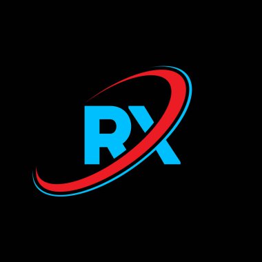 RX R X harfli logo tasarımı. İlk harf RX bağlı daire büyük harfli monogram logo kırmızı ve mavi. RX logosu, R X tasarımı. rx, r x