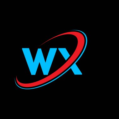 WX W X harfi logo tasarımı. İlk harf WX bağlı daire büyük harf monogram logosu kırmızı ve mavi. WX logosu, W X tasarımı. wx, w x