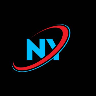 New York Harf Logosu Tasarımı. İlk harf NY bağlı daire büyük harfli monogram logo kırmızı ve mavi. New York logosu, New York tasarımı. Ney, ny