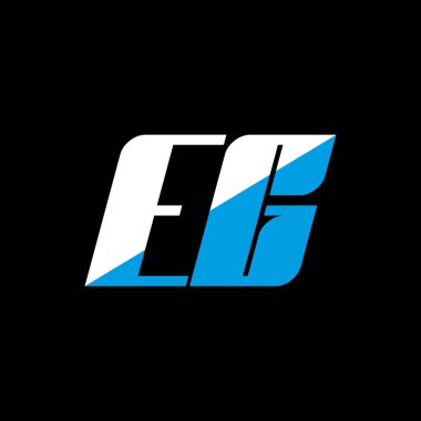 Siyah arka planda EG harf logosu tasarımı. EG yaratıcı harfler logosu konsepti. Örneğin simge tasarımı. Siyah arkaplanda EG beyaz ve mavi harf simgesi tasarımı. E G