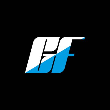 Siyah arka planda GF harf logosu tasarımı. GF yaratıcı harf logosu konsepti. gf simgesi tasarımı. Siyah arkaplanda GF beyaz ve mavi harf simgesi tasarımı. G F