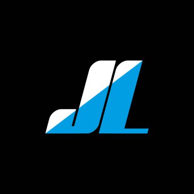 Siyah arka planda JL harf logosu tasarımı. JL yaratıcı harf logosu konsepti. jl simge tasarımı. Siyah arkaplanda JL beyaz ve mavi harf simgesi tasarımı. J L