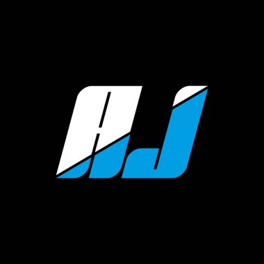 Siyah arka planda AJ harfli logo tasarımı. AJ yaratıcı harflerin baş harfleri logo kavramı. aj simgesi tasarımı. Siyah arkaplanda AJ beyaz ve mavi harf simgesi tasarımı. Bir J