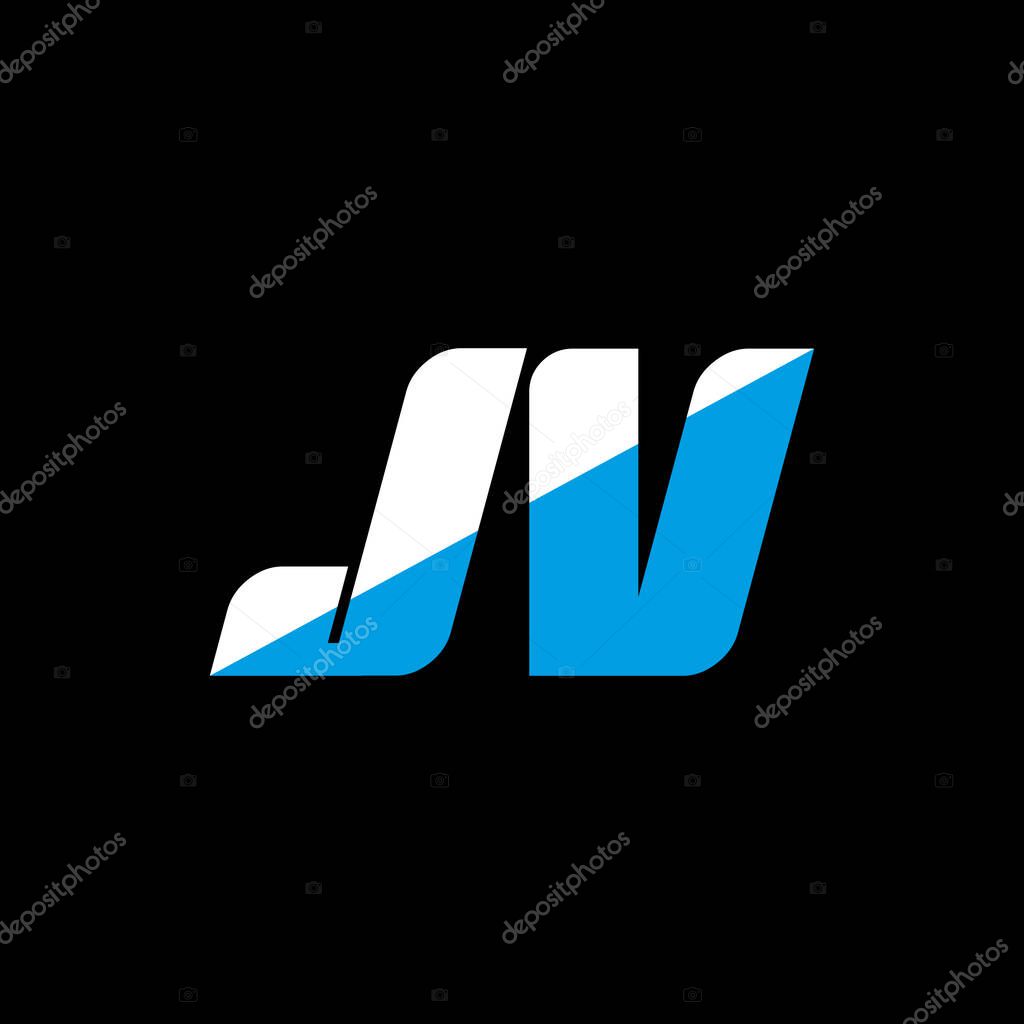 JV letter logo design on black background. JV creative initials letter logo concept. jv icon design. JV white and blue letter icon design on black background. J V