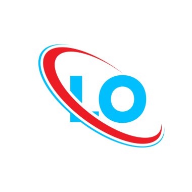 LO L O harfi logo tasarımı. İlk harf LO bağlantılı daire büyük harfli monogram logo kırmızı ve mavi. LO logosu, L O tasarımı