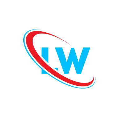 LW L W harfi logo tasarımı. İlk harf LW bağlantılı daire büyük harfli monogram logo kırmızı ve mavi. LW logosu, L W tasarımı
