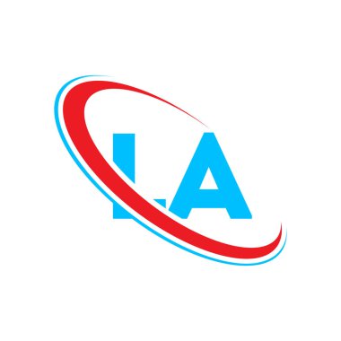 Los Angeles. Mektup logosu tasarımı. İlk harf LA bağlı daire büyük harfli logo kırmızı ve mavi. LAlogo, L Tasarım