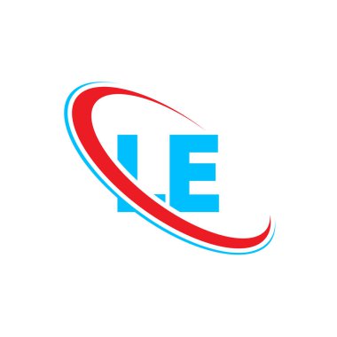 LE L E harfli logo tasarımı. Baş harf LE bağlı daire büyük harfli logo kırmızı ve mavi. LE logosu, L E tasarımı
