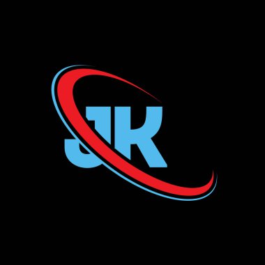 JK J K harf logosu tasarımı. İlk harf JK bağlı daire büyük harfli logo kırmızı ve mavi. JK logosu, JK tasarımı
