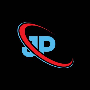 JP J P harfi logo tasarımı. İlk harf JP bağlı daire büyük harfli logo kırmızı ve mavi. JP logosu, JP tasarımı