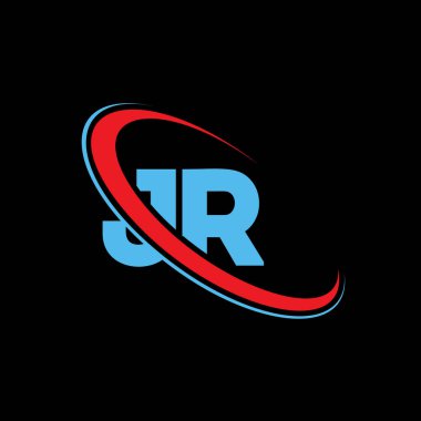 JR J R harf logosu tasarımı. İlk harf JR bağlı daire büyük harfli logo kırmızı ve mavi. JR logosu, JR tasarımı