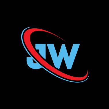 JW J W harfli logo tasarımı. İlk harf JW bağlı daire büyük harfli logo kırmızı ve mavi. JW logosu, JW tasarımı