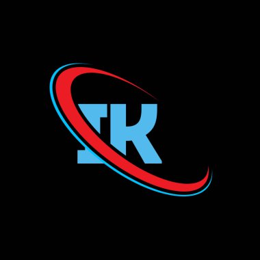 IK K harf logosu tasarımı. İlk harf IK bağlantılı daire büyük harf monogram logosu kırmızı ve mavi. IK logosu, I K tasarımı. Tamam, tamam.