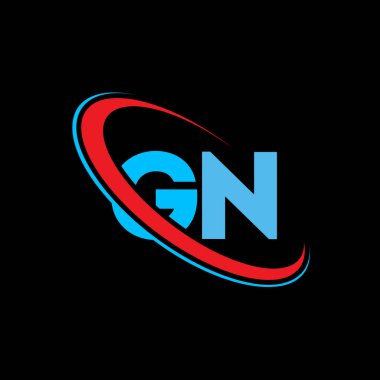 GN, G N harfi logo tasarımı. İlk harf GN bağlantılı daire büyük harfli monogram logo kırmızı ve mavi. GN logosu, G N tasarımı