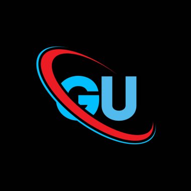 GU G U harf logosu tasarımı. İlk harf GU bağlı daire büyük harfli logo kırmızı ve mavi. GU logosu, G U tasarımı