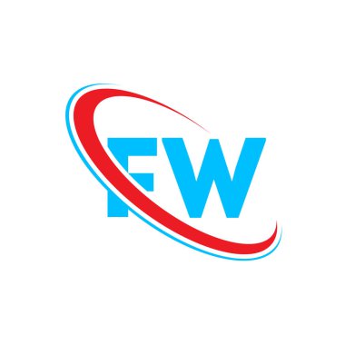 FW F W harfi logo tasarımı. İlk harf FW bağlı daire büyük harfli monogram logo kırmızı ve mavi. FW logosu, F W tasarımı