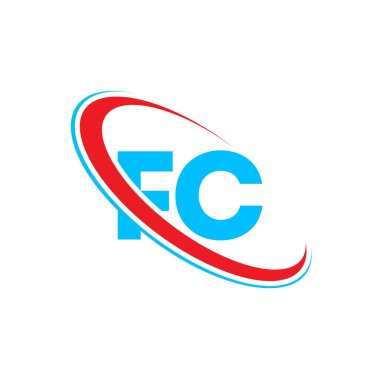 FC F C harfi logo tasarımı. İlk harf FC bağlı daire büyük harfli logo kırmızı ve mavi. FC logosu, F C tasarımı
