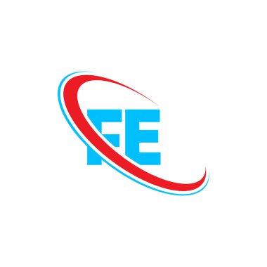 FE F E harf logosu tasarımı. İlk harf FE bağlantılı daire büyük harfli monogram logo kırmızı ve mavi. FE logosu, F E tasarımı