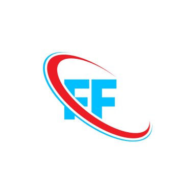 FF F harfi logo tasarımı. İlk harf FF bağlı daire büyük harfli logo kırmızı ve mavi. FF logosu, F F tasarımı