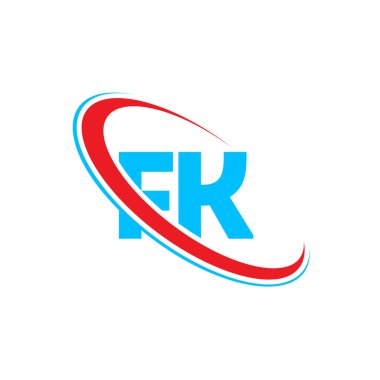 FK F K harfi logo tasarımı. İlk harf FK bağlı daire büyük harf monogram logosu kırmızı ve mavi. FK logosu, F K tasarımı