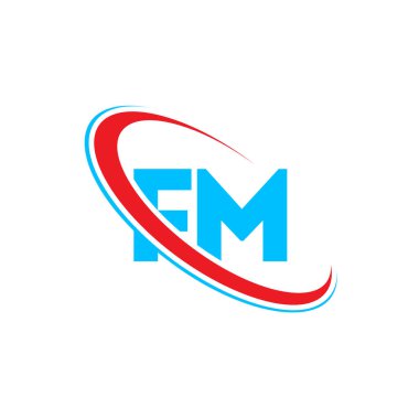 FM F M harfi logo tasarımı. İlk harf FM bağlı daire büyük harfli logo kırmızı ve mavi. FM logosu, F M tasarımı