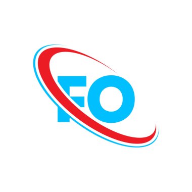 Fo F O harfi logo tasarımı. İlk harf FO bağlı daire büyük harfli logo kırmızı ve mavi. Fo logosu, F O tasarımı