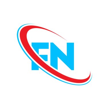 FN F N harfi logo tasarımı. İlk harf FN bağlı daire büyük harf monogram logosu kırmızı ve mavi. FN logosu, F N tasarımı