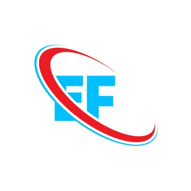 EF E harfi logo tasarımı. İlk harf EF bağlı daire büyük harfli logo kırmızı ve mavi. EF logosu, E F tasarımı