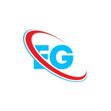 EG E harfi logo tasarımı. İlk harf EG bağlı daire büyük harfli monogram logo kırmızı ve mavi. EG logosu, E G tasarımı