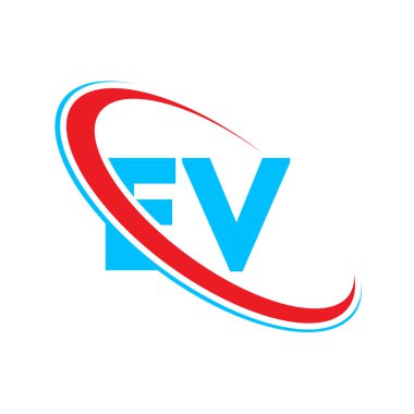 EV E V harfli logo tasarımı. İlk harf EV bağlı daire büyük harfli logo kırmızı ve mavi. EV logosu, E V tasarımı