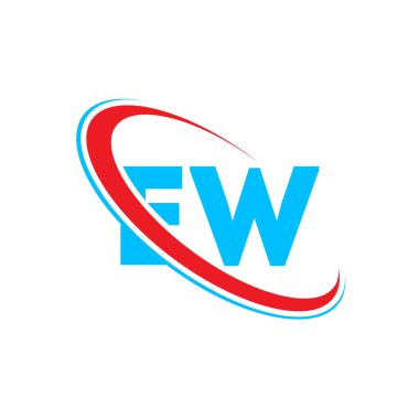 EW E harfli logo tasarımı. İlk harf EW bağlı daire büyük harfli monogram logo kırmızı ve mavi. EW logosu, E W tasarımı