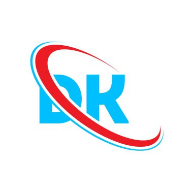 DK D K harf logosu tasarımı. İlk harf DK bağlı daire büyük harfli logo kırmızı ve mavi. DK logosu, D K tasarımı