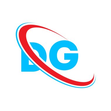 DG D G harfi logo tasarımı. İlk harf DG bağlı daire büyük harfli logo kırmızı ve mavi. DG logosu, D G tasarımı