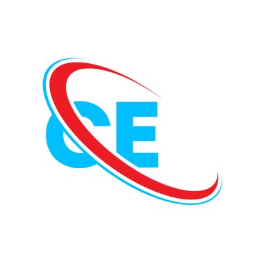 CE C E harfi logo tasarımı. İlk harf CE bağlı daire büyük harfli logo kırmızı ve mavi. CE logosu, C E tasarımı