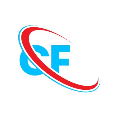 CF C F harfi logo tasarımı. İlk harf CF bağlı daire büyük harfli logo kırmızı ve mavi. CF logosu, C F tasarımı