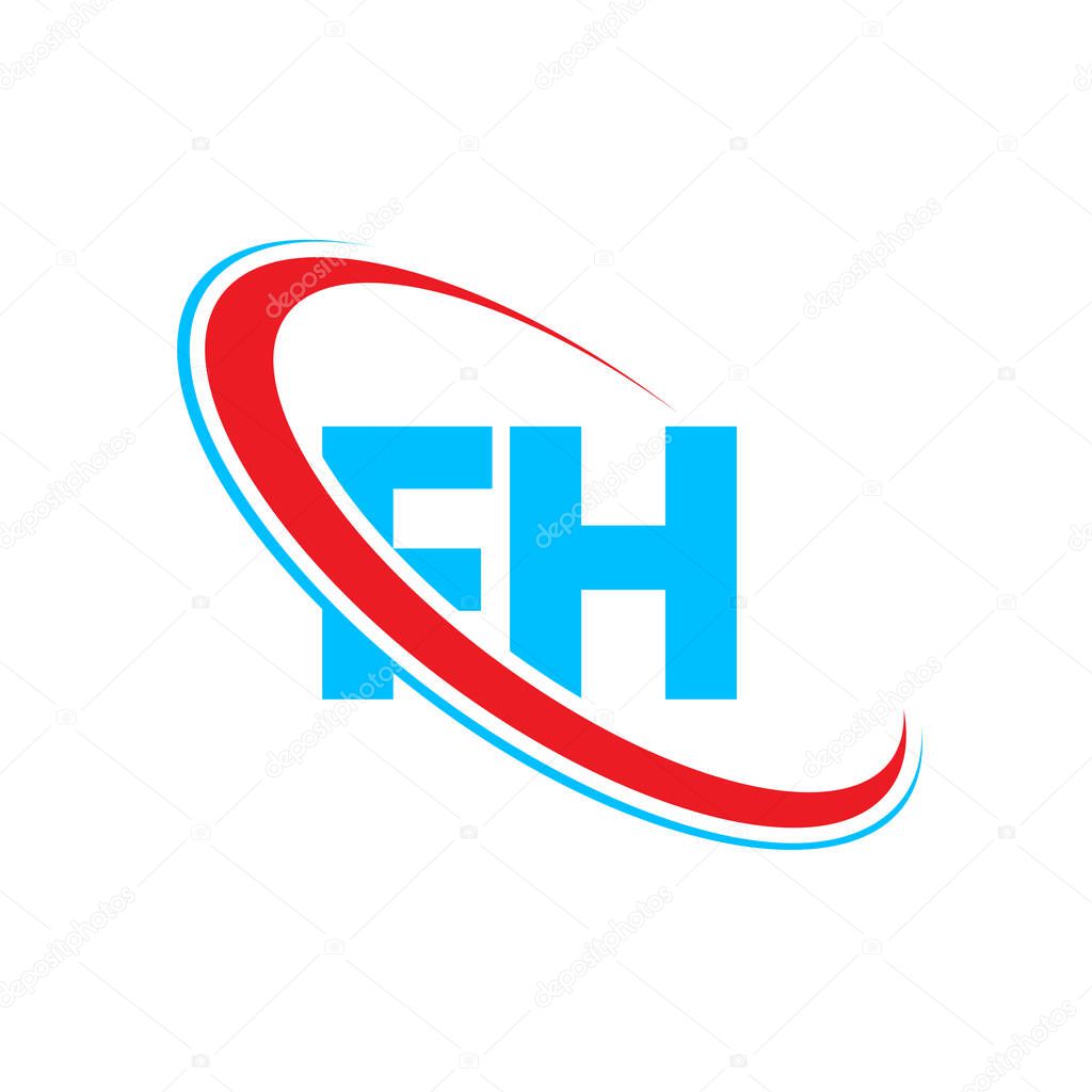 FH F H letter logo design. Initial letter FH linked circle upercase monogram logo red and blue. FH logo, F H design