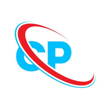 CP C P harfi logo tasarımı. İlk harf CP bağlı daire büyük harf monogram logosu kırmızı ve mavi. CP logosu, C P tasarımı