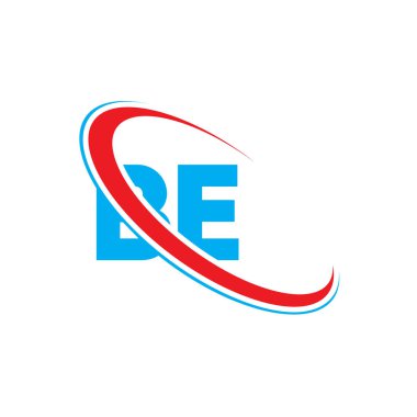 B E harfi logo tasarımı. İlk harf BE bağlantılı daire büyük harfli logo kırmızı ve mavi. BE logosu, B-E tasarımı