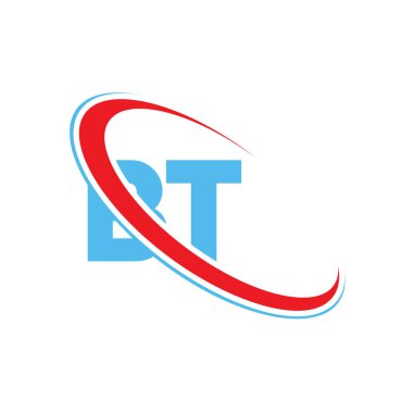 B.T. B harfli logo tasarımı. İlk harf BT bağlı daire büyük harfli monogram logo kırmızı ve mavi. BT logosu, B T tasarımı