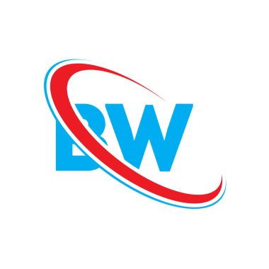 BW Harf Logosu Tasarımı. Baş harfler BW logo simgesi. Soyut harf BW B W minimal logo tasarım şablonu. Kırmızı ve Mavi Renkli B W Harf Tasarım Vektörü.