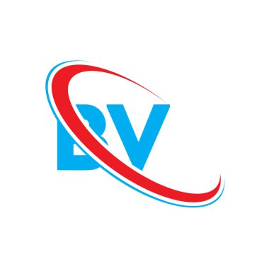 BV B V harfli logo tasarımı. İlk harf BV bağlı daire büyük harfli logo kırmızı ve mavi. BVlogo, B V tasarımı
