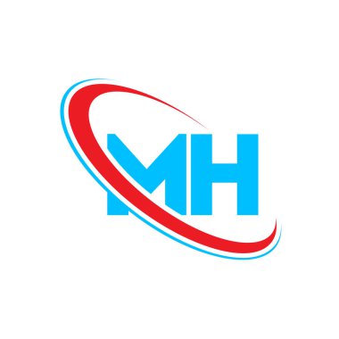 MH M H harfi logo tasarımı. İlk harf MH bağlantılı daire büyük harfli logo kırmızı ve mavi. MH logosu, M H tasarımı