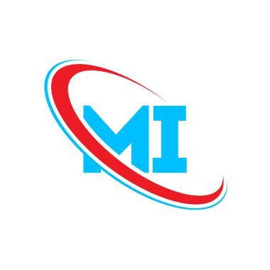 MI M harfi logo tasarımı. İlk harf MI bağlı daire büyük harfli logo kırmızı ve mavi. MI logosu, M I tasarımı