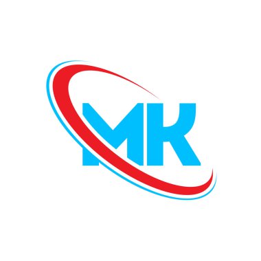 MK M K harf logosu tasarımı. İlk harf MK bağlantılı daire büyük harf monogram logosu kırmızı ve mavi.