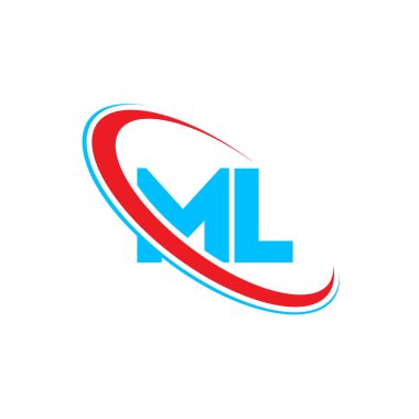 ML M harfi logo tasarımı. İlk harf ML bağlantılı daire büyük harf monogram logosu kırmızı ve mavi. ML logosu, M L tasarımı